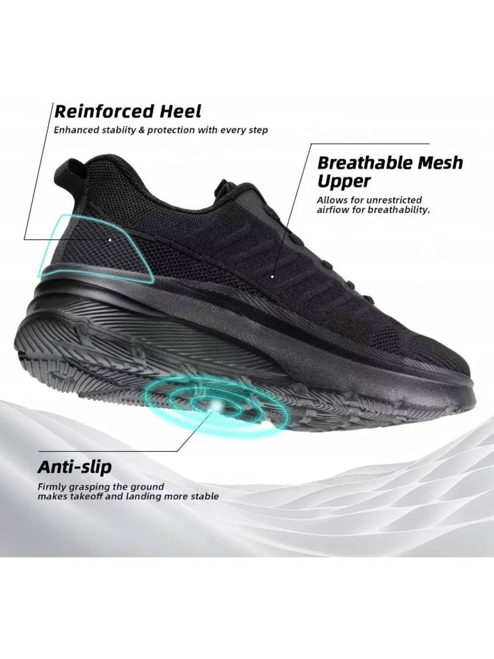 Men's Black Wide Walking Shoes Soft Sole Non Slip Running Comfortable Tennis